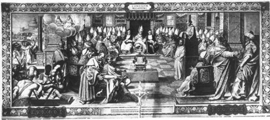 Reproduccin en blanco y negro (original en color) de un fresco annimo de la Capilla Sixtina mostrando el Primer Concilio de Nicea.