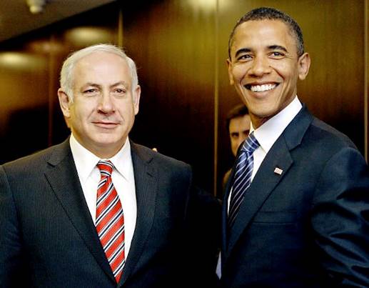 El primer ministro de Israel Benjamin Netanyahu, (un sionista-askenazi), junto a su empleado Obama.