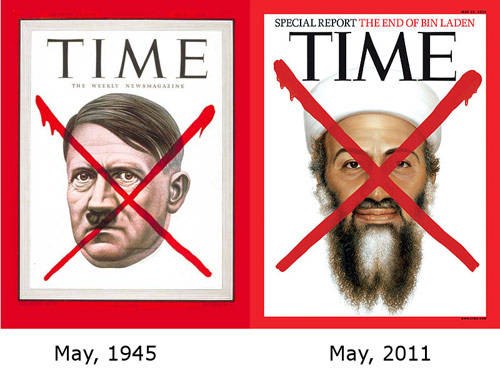 Hitler y Osama, dos mounstruos fabricados por el poder sionista para lograr objetivos econmicos, polticos y sociales. Ambos "murieron" un primero de Mayo...coincidencia?...absolutamente NO, esa fecha es de orden satanista, y la llaman la fiesta de Walpurgis, -muy importante para los sionistas, que son maestros del engao-, en occidente la conocemos como Halloween o "Noche de brujas".